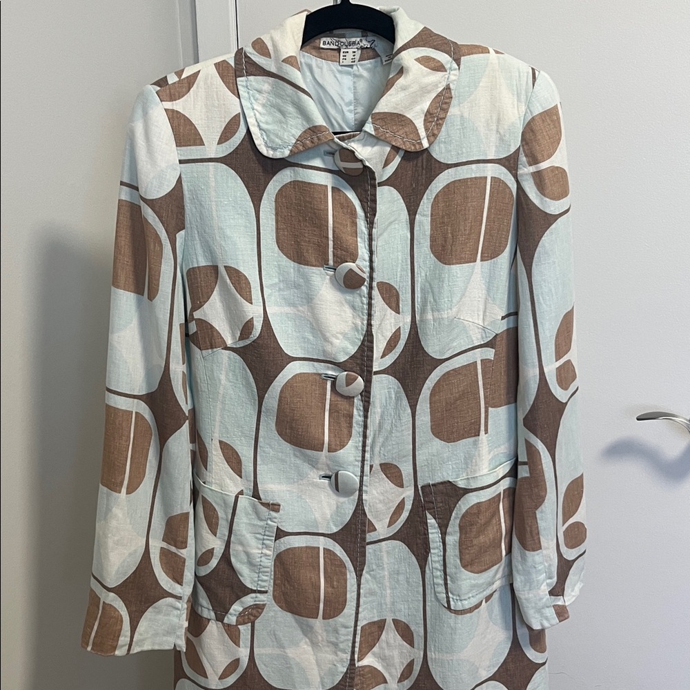 Vintage-Inspired Brown & White Geometric Women's Dress Coat